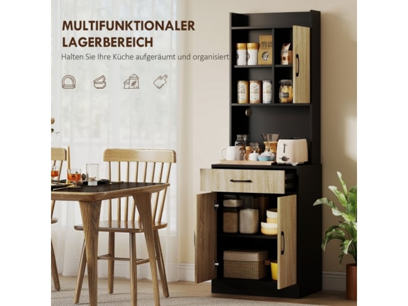 Meuble cuisine noir et bois naturel, plan de travail, tiroir et 3 étagères, rangement élégant moderne - Conforama E