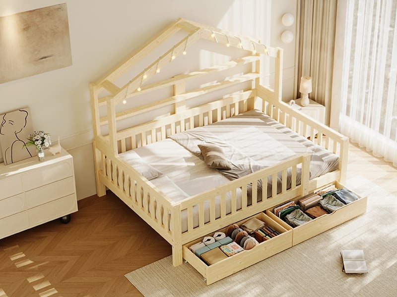  Lit enfant en bois, forme de maison, 140 x 200 cm, avec éclairage led, tiroirs et barrières de sécurité, couleur naturelle N879P000530N - Conforama B