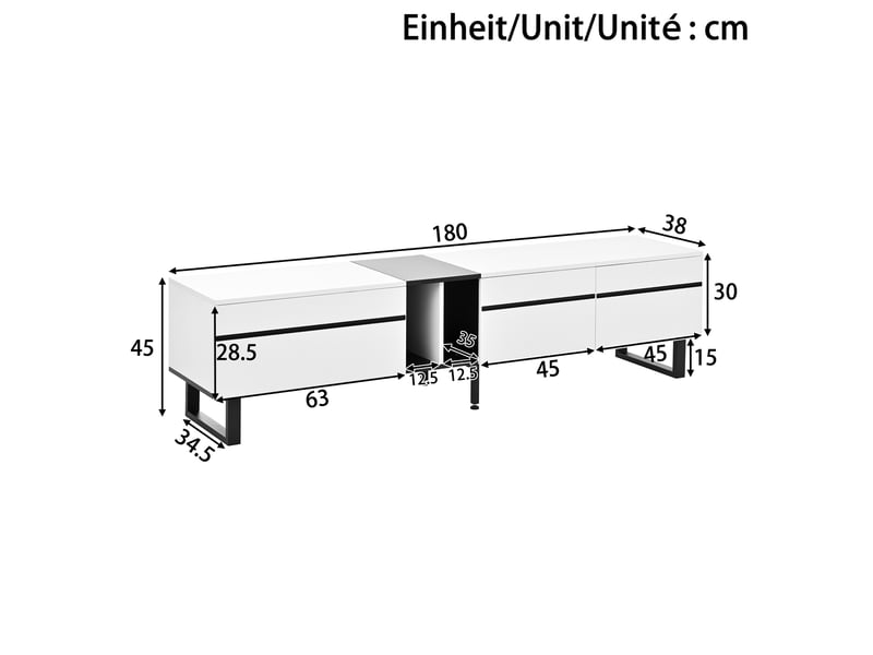  Meuble tv avec abattant, 2 portes et niche pour salon 180×38×45 cm en panneaux de particules blanc  - Conforama D
