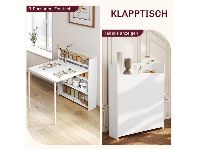  Table de salle à manger pliante avec rangement intégré, fonction anti-basculement, pour petite cuisine, blanc  - Conforama E