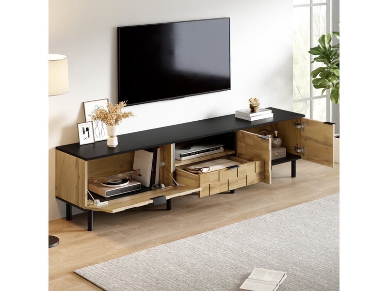  Meuble tv bas avec 2 portes et 1 tiroir, façade mosaïque bois 3d, 1 niche ouverte, rangement salon en panneau de particules, pieds métal - naturel  - Conforama C