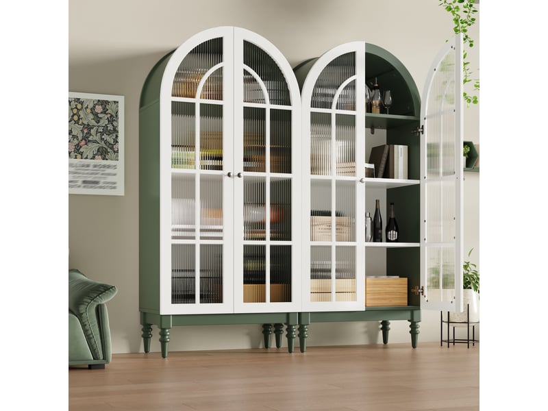  Buffet de cuisine haut 165 cm x 76 cm x 38,5 cm, meuble vaisselier à 3 niveaux, double porte verre texturé, couleur vert foncé  - Conforama W