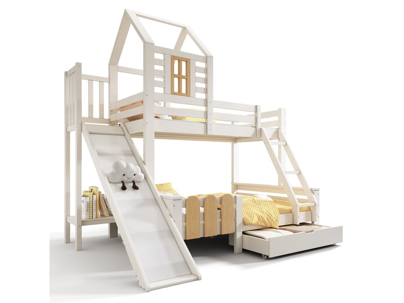  Modenvie lit superposé cabane 90x200 et 140x200 cm - avec toboggan, tiroir de rangement, sans matelas - blanc  - Conforama A