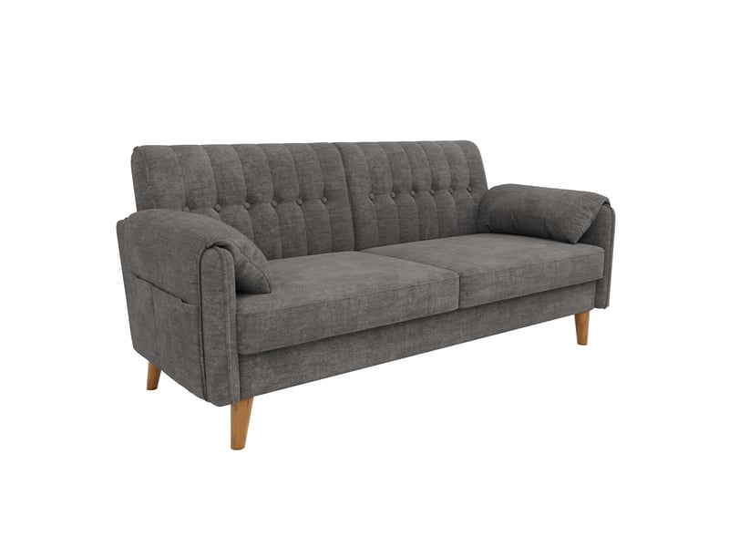  Canapé 2 places 161,5x79x83,5 cm en chenille, dossier capitonné, 2 coussins d’accoudoir, poches latérales, pieds en bois massif - gris clair  - Conforama A