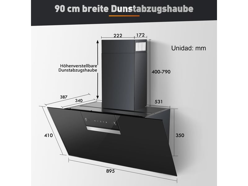 Hotte aspirante 90 cm noire en verre trempé, débit d’air 800 m³h, commande tactile et gestuelle, 3 vitesses avec booster - Conforama C