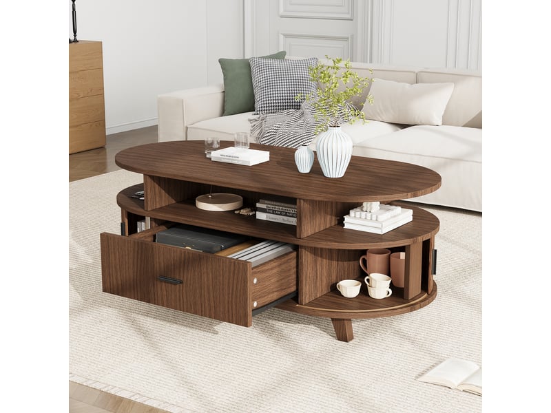  Table basse à bords arrondis 100 x 50 x 40 cm pour le salon, 1 tiroir, 2 portes à rideau, niches ouvertes, mdf et pieds en bois massif, décor noyer Luxe haut de gamme - Conforama E