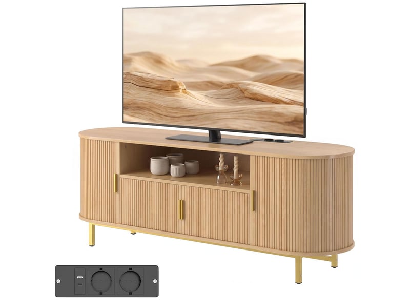  Meuble tv 4 portes avec prises intégrées coloris chêne 140 x 40 x 55 cm  - Conforama B