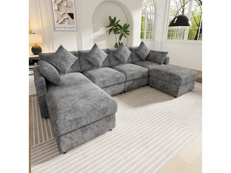 Canapé d'angle, canapé modulable, en chenille, gris, style cloud, mobilier pour espace de vie, pour salon et séjour  - Conforama E
