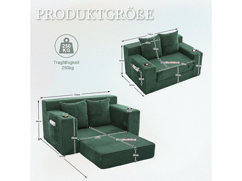  Canapé droit convertible 2 places, en velours côtelé, 2 coussins, porte-gobelet et poches latérales, 151 × 133 × 64 cm, vert YXY-0915-3 - Conforama C