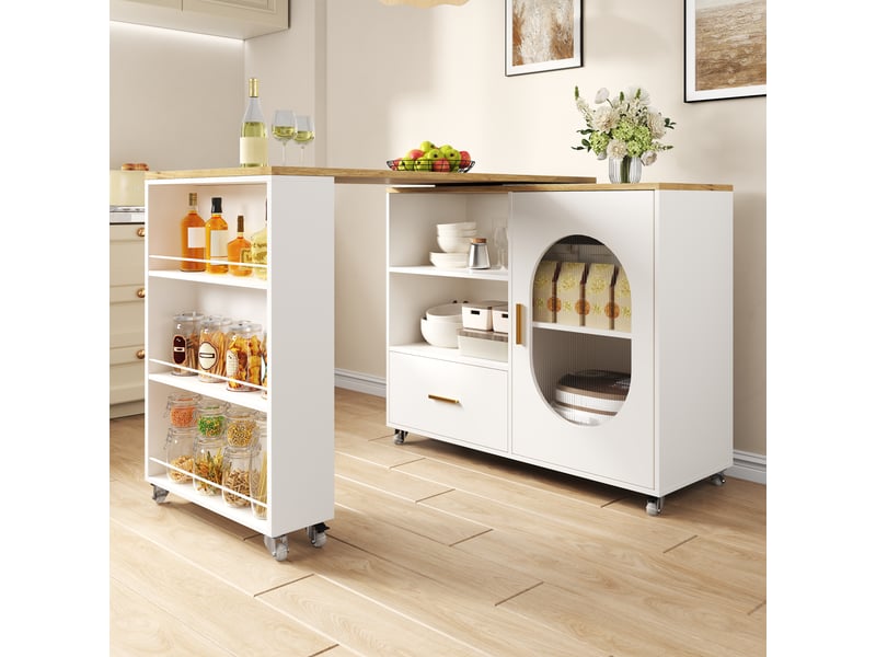 Îlot de cuisine mobile 120 à 180 x 60 x 90 cm - porte en verre cannelé - 1 tiroir - plateau pivotant à 360 degrés - naturel et blanc - Conforama B