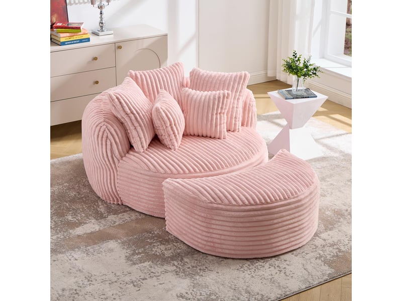  Fauteuil 1 place - 168x123x63 cm - canapé rond crapaud velours côtelé avec repose-pieds et 5 coussins sans montage - rose  - Conforama B