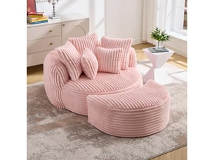 Fauteuil 1 place - 168x123x63 cm - canapé rond crapaud velours côtelé avec repose-pieds et 5 coussins sans montage - rose