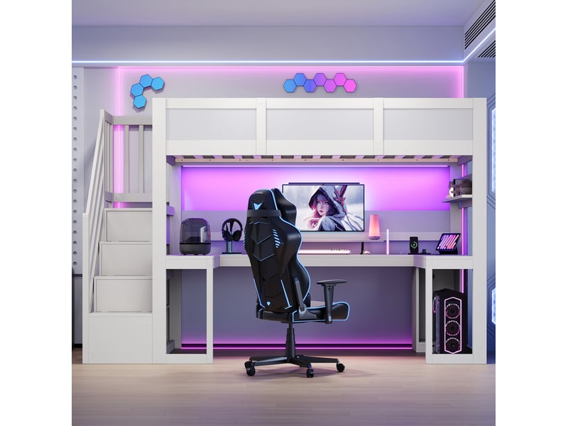  Lit mezzanine 90 × 200 cm 1 place avec bureau, rangement, led réglable et usb, sans matelas, en mdf blanc  - Conforama B