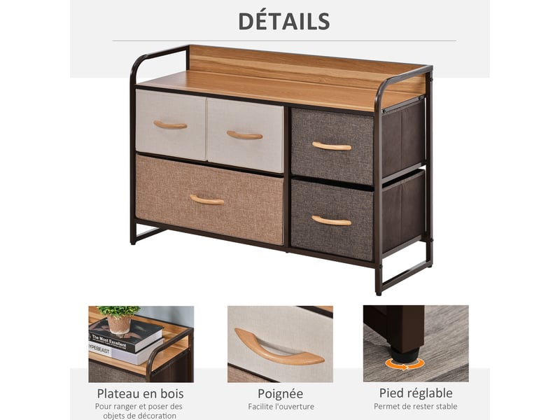  Commode meuble de rangement 5 tiroirs en tissu 87,5 x 29 x 58 cm marron et beige  - Conforama W