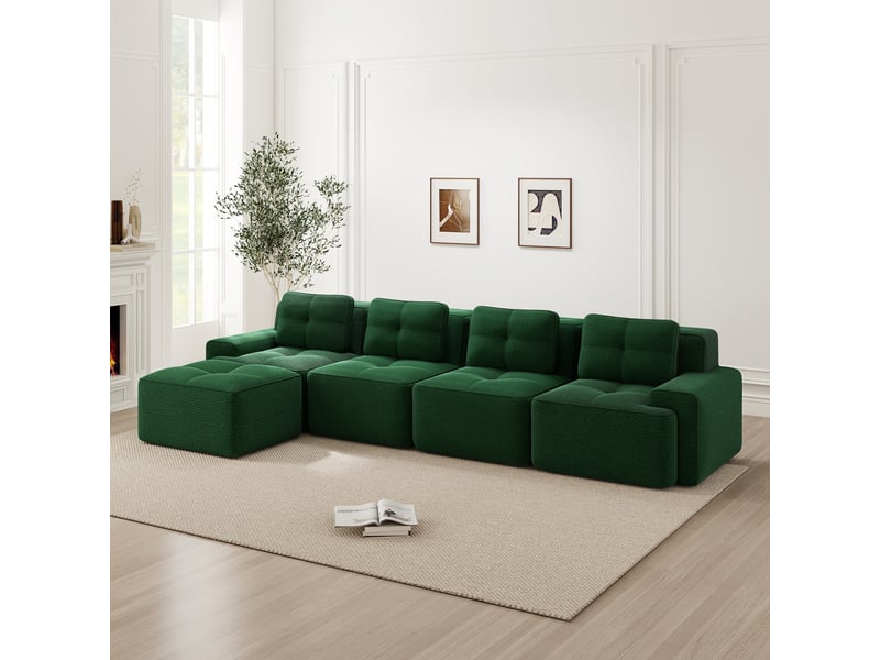 Canapé d'angle modulable 4 places avec méridienne en tissu côtelé vert, design sans pieds antidérapant pour salon contemporain - Conforama B