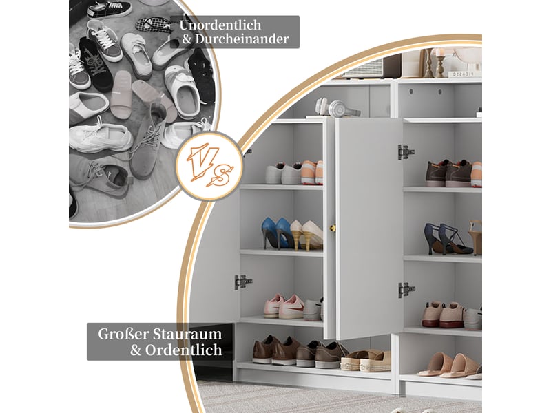  Meuble à chaussures blanc 146 × 34 × 109 cm, panneau de particules, 2 portes, étagères réglables, rangements ouverts  - Conforama C