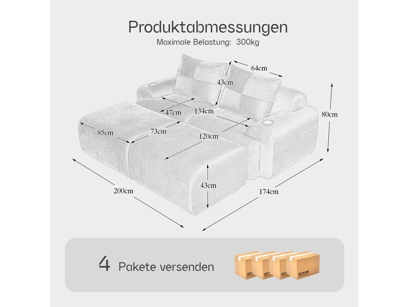  Canapé modulaire 2 places 200x174x80 cm, velours côtelé gris clair, 2 poufs, porte-gobelet incorporé, poche latérale  - Conforama C