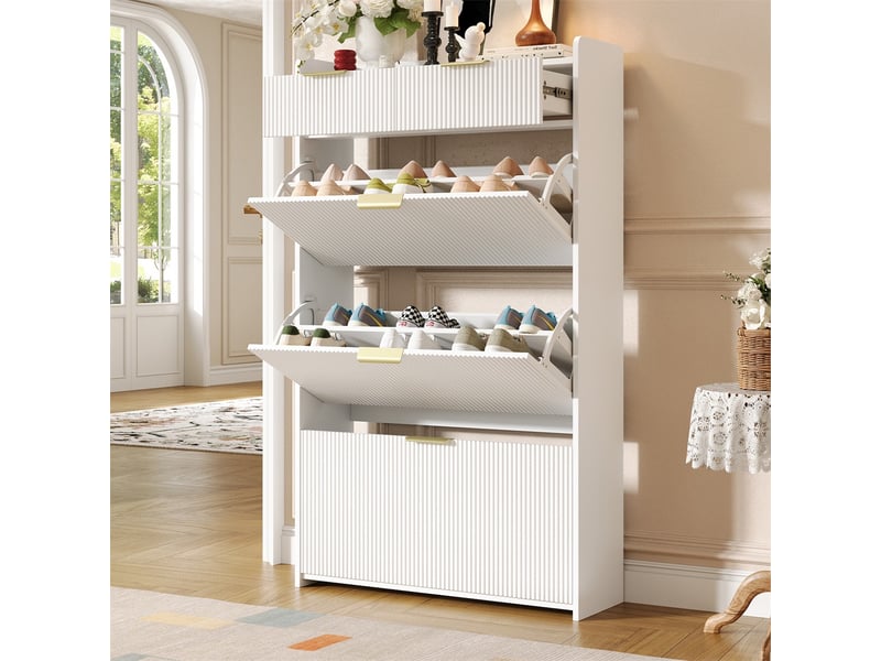 Meuble à chaussures 80 x 25 x 135 cm – 3 abattants modulables et 2 tiroirs – mdf - blanc - Conforama D