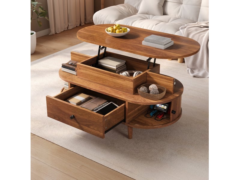  Table basse ovale 105x50x60,5 cm avec plateau relevable hydraulique, rangement caché, mdf, couleur marron, forme ovale  - Conforama D