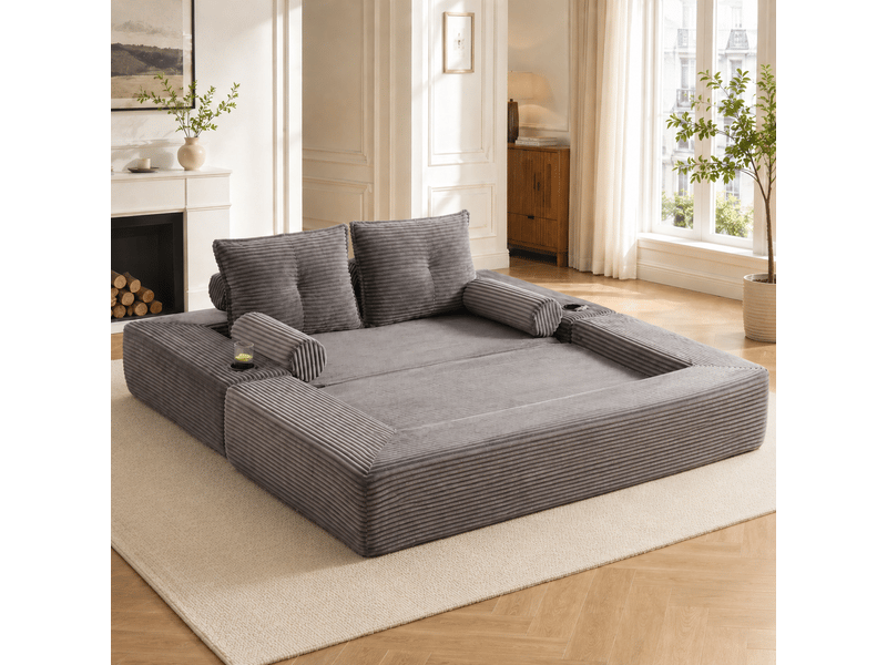  Canapé convertible 2 places en velours côtelé gris foncé avec tiroir de rangement intégré sous l'assise  - Conforama B