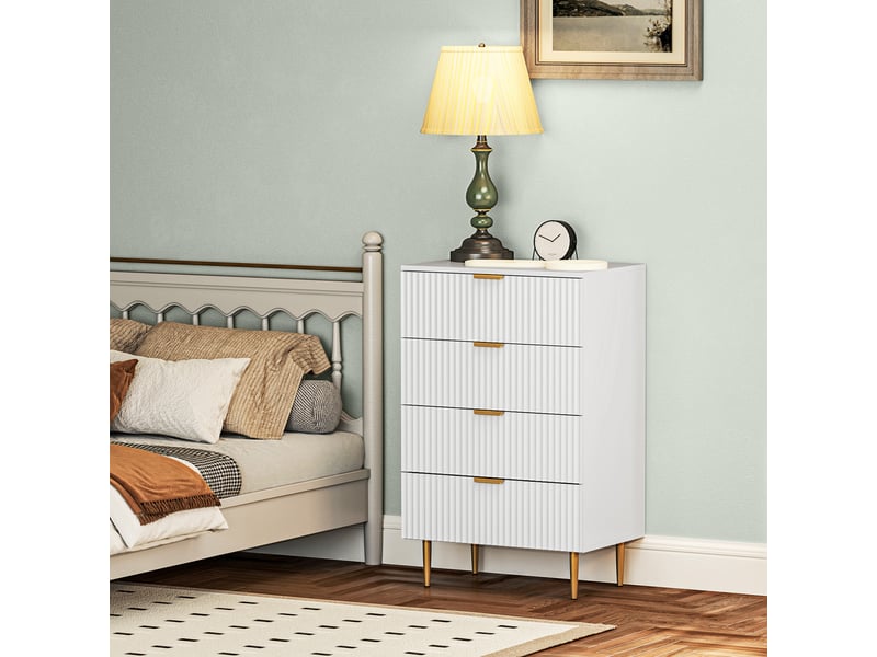 Commode moderne à 4 tiroirs avec poignées dorées, 60 x 40 x 96 cm, blanche  - Conforama D