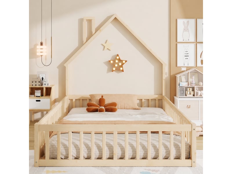  Lit cabane enfant 140 x 200 cm avec forme de cheminée, sommier à lattes, naturel  - Conforama D