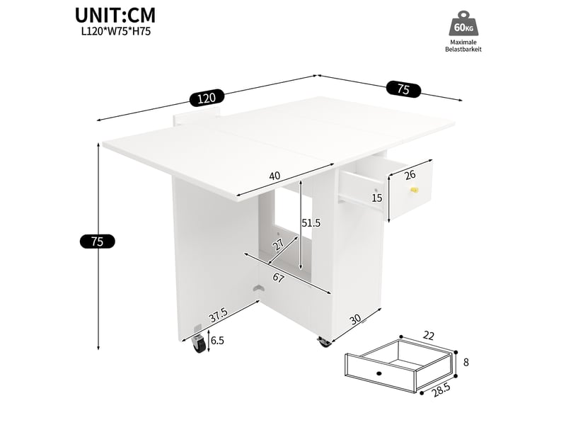 Table à manger pliable 120x75x75 cm blanche avec rangement et 2 tiroirs - Conforama C