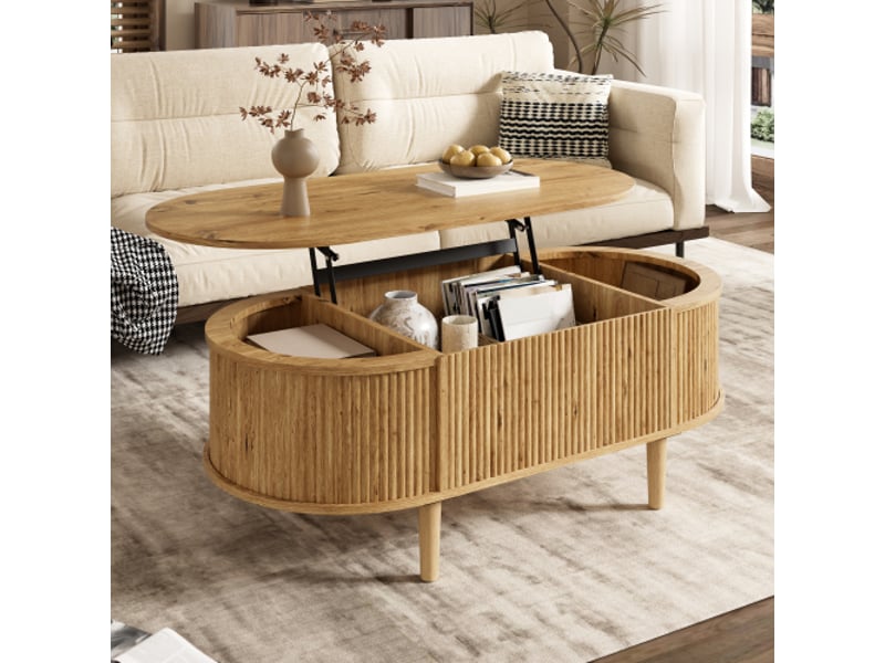  Table basse ovale chêne avec plateau relevable et rangement compartimenté, pieds en pin massif 100x48x54,5 cm  - Conforama C