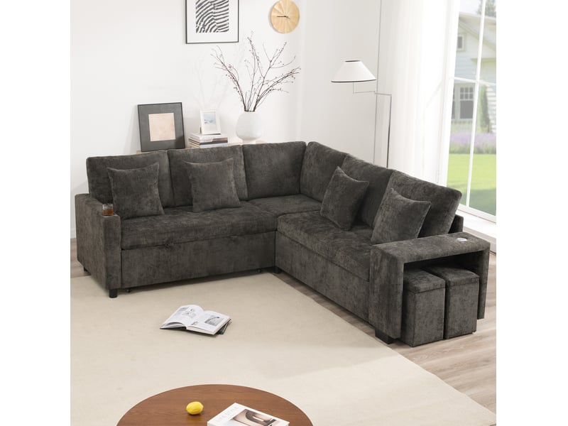  Canapé d'angle convertible 5 places 220x205 cm – gris – méridienne réversible, rangement et usbusb-c  - Conforama B