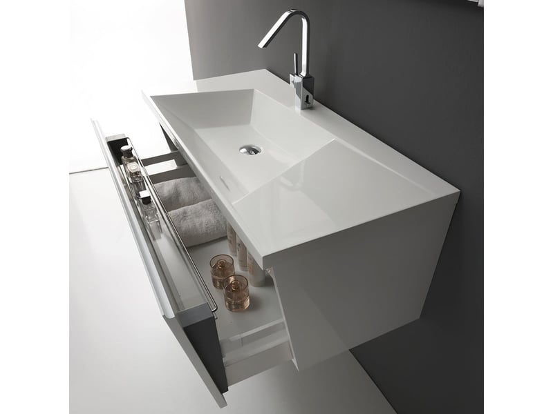  Meuble de salle de bain suspendu avec lavabo en marbre minéral, meuble bas suspendu 1 porte  - Conforama C
