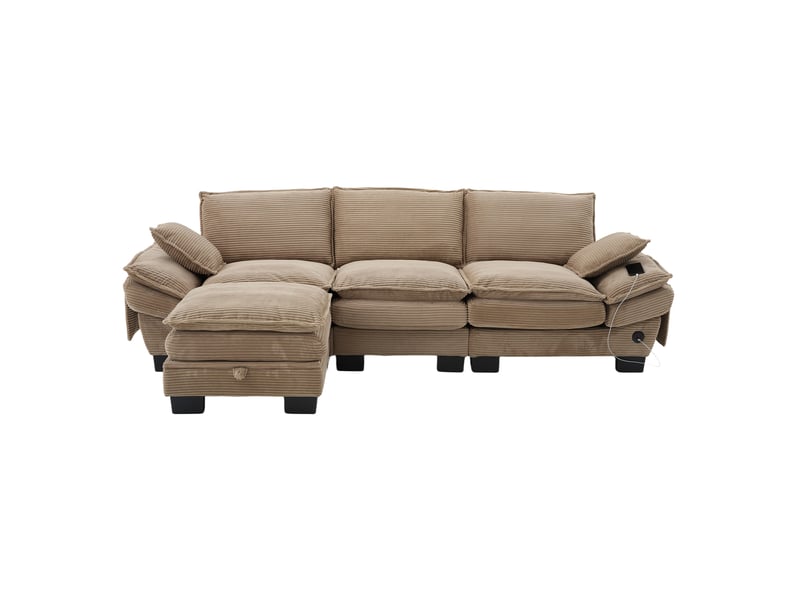  Canapé d'angle 3 places en velours côtelé kaki avec pouf et coffre intégré pour salon ou bureau  - Conforama A