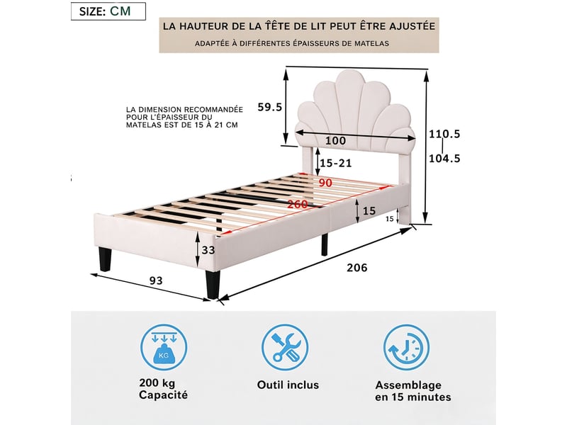 Lit enfant et lit simple 90x200 cm avec tête de lit fleur réglable et sommier à lattes, velours beige, sans matelas - Conforama C