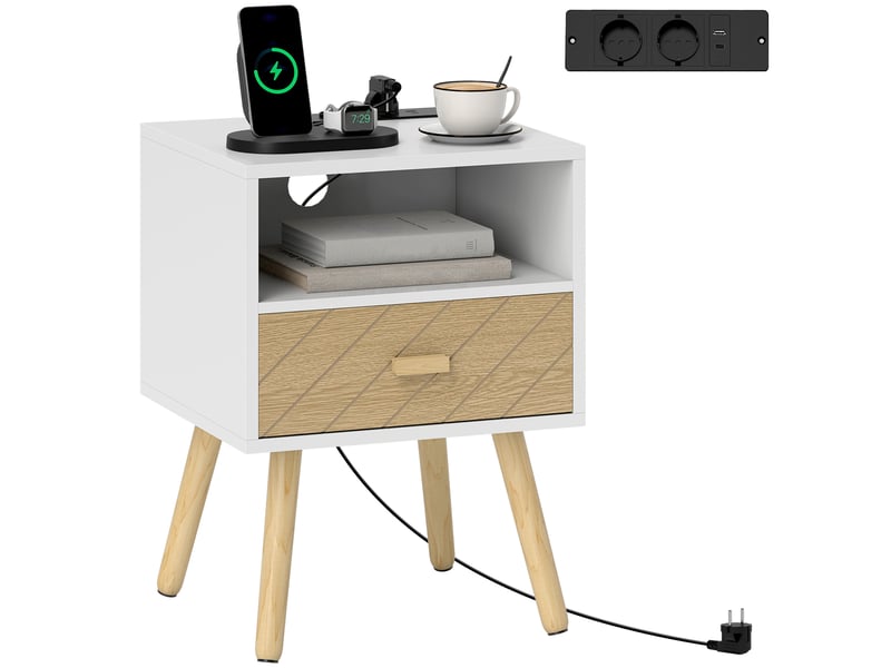  Table de chevet avec station de charge, tiroir, 2 prises secteur, port usb type-c, compartiment ouvert, pieds en bois, blanche  - Conforama A