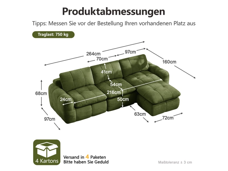  Canapé d'angle modulable 3 places avec ottoman, en chenille vert  - Conforama C