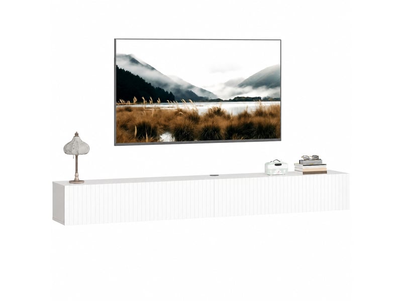  Meuble tv suspendu avec 2 portes abattantes cannelées, pour écran jusqu’à 72 pouces, blanc, 180 x 25 x 22 cm  - Conforama A
