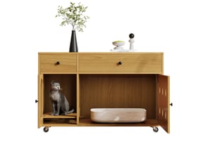 Meuble cache-litière félin 100x45x66 cm – naturel – 2 tiroirs, roulettes et rangement discret intégré