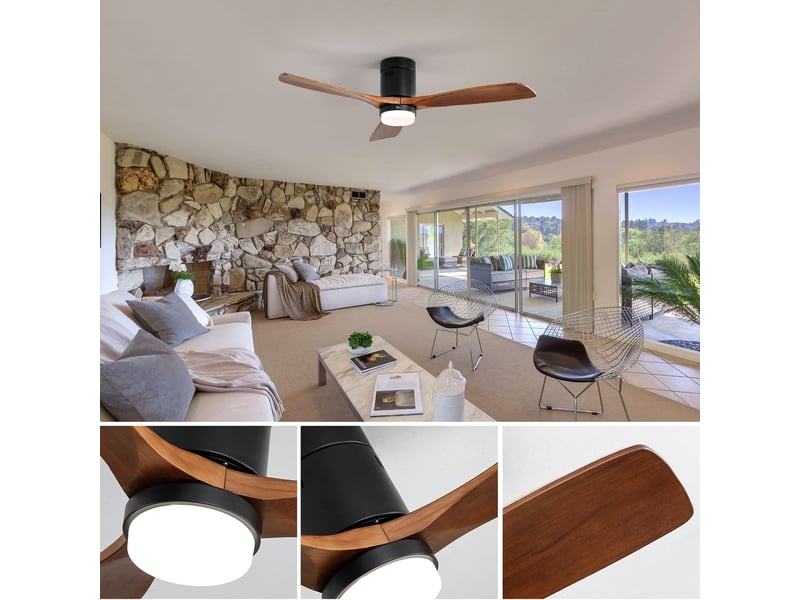 Ventilateur de plafond bois massif 132 cm avec lumière, moteur dc silencieux, réversible, 3 pales, télécommande, profil bas  - Conforama D