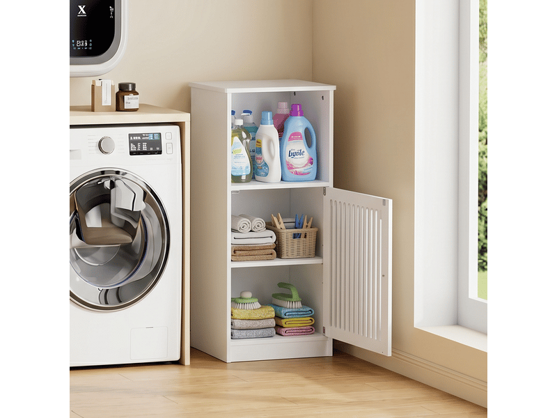  Meuble de salle de bain bas avec portes à lattes, plusieurs niveaux de rangement et structure autoportante, blanc  - Conforama C
