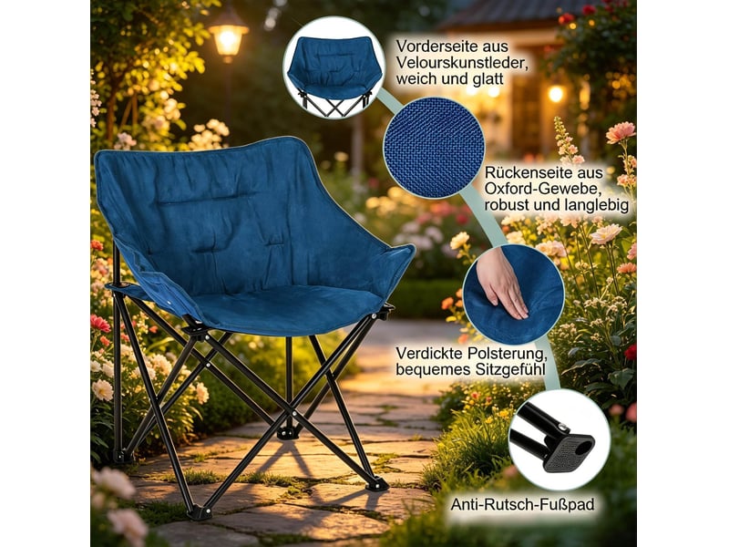  Chaise de camping pliable bleue et noire, rembourrée en tissu, structure métal, facile à transporter  - Conforama D