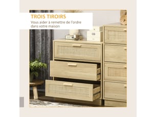 Commode design bohème en rotin avec 3 tiroirs, meuble de rangement pour le salon, le couloir, bois naturel, l'entrée
