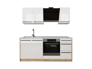 Vicco cuisine, blanc haute brillancechêne doré, 180cm plan de travail marbre