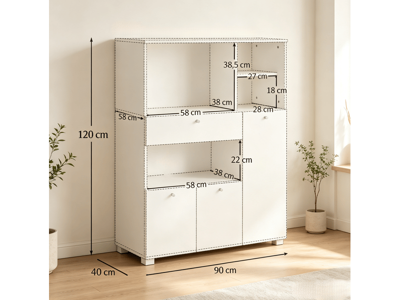  Meuble de rangement de cuisine blanc 90 x 40 x 120 cm avec niches ouvertes, tiroir et 3 portes  - Conforama D