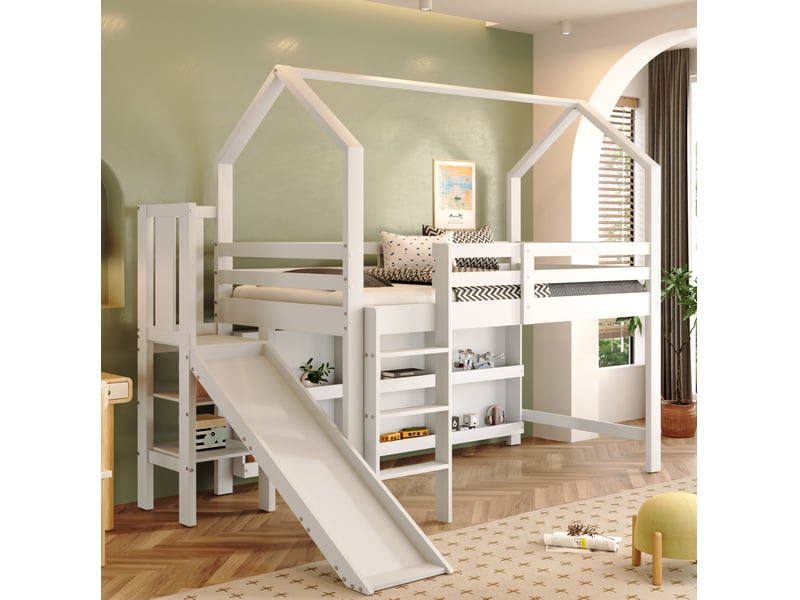 Lit mezzanine enfant 90 x 200 cm avec toboggan, escalier et rangements, blanc - Conforama B