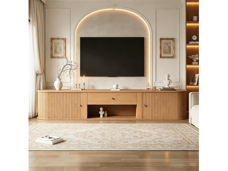  Meuble tv bas 180x40x40 cm avec 2 portes roulantes, 1 tiroir de rangement, structure panneau de particules, naturel  - Conforama B