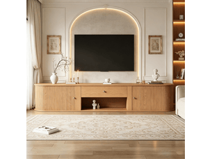 Meuble tv bas 180x40x40 cm avec 2 portes roulantes, 1 tiroir de rangement, structure panneau de particules, naturel