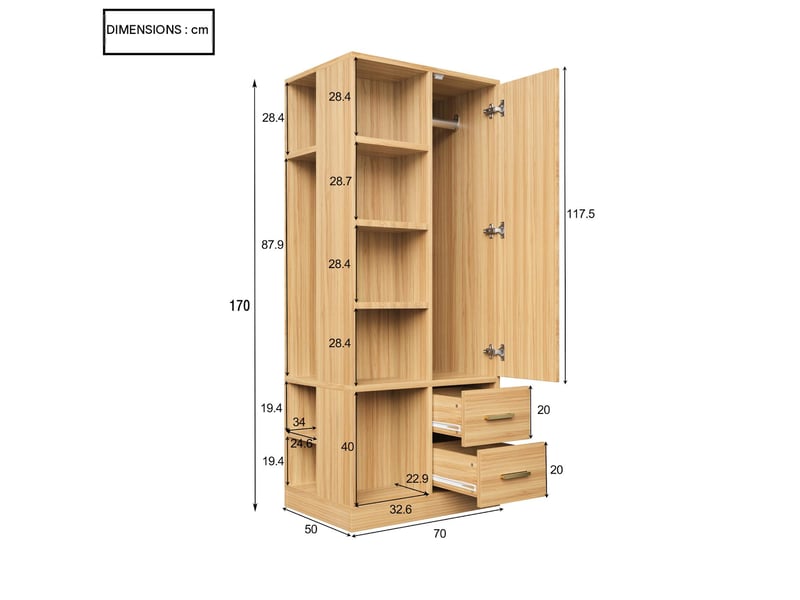  Armoire penderie 1 porte 2 tiroirs 2 tringles coloris bois 70 x 50 x 170 cm  - Conforama C