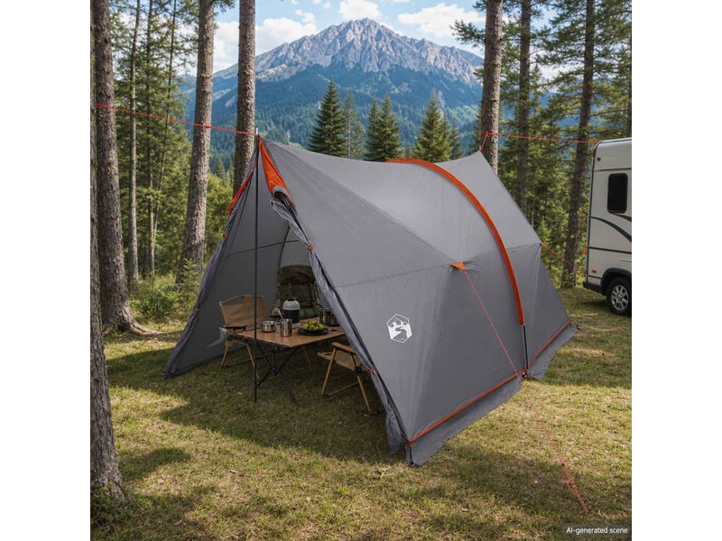  Tente de camping, tente avec auvent résistante à l'eau gris et orange  - Conforama C