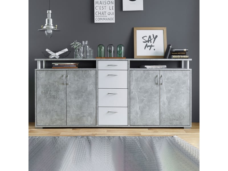  Buffet 2 portes 4 tiroirs 208x38,5x93,2 cm béton et blanc  - Conforama A