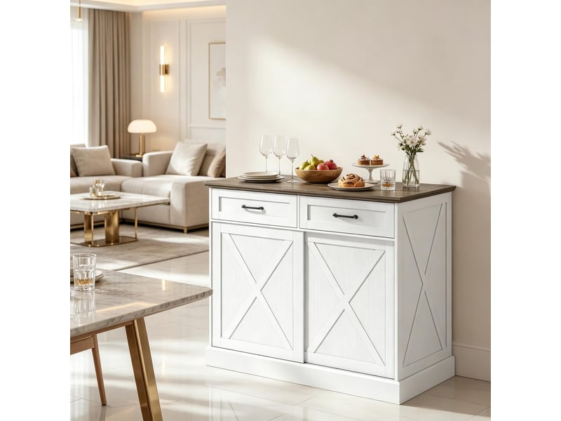 Îlot de cuisine multifonction avec portes coulissantes et 2 tiroirs, plateau marron antique et corps blanc, 106x57x92 cm - Conforama R
