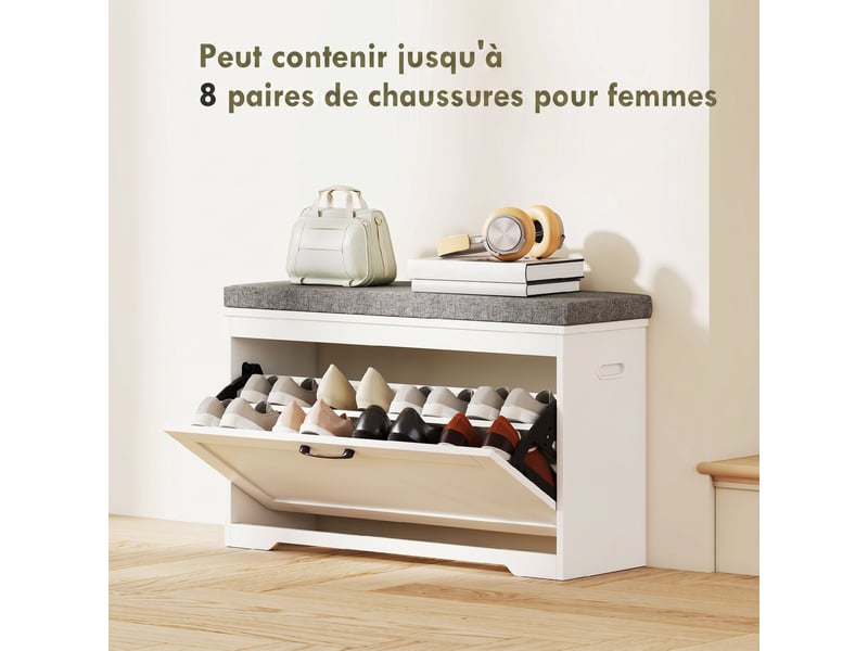 Banc à chaussures, banc d'entrée moderne avec siège rembourré, tiroir basculant et étagère ajustable, blanc, 80x30x50cm - Conforama E